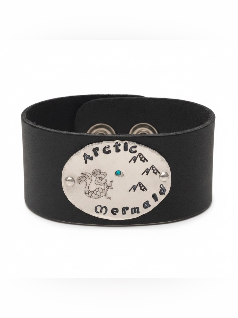 Handmade‎ stamped arctic mermaid Swarovski crystal metal 100% leather bracelet
